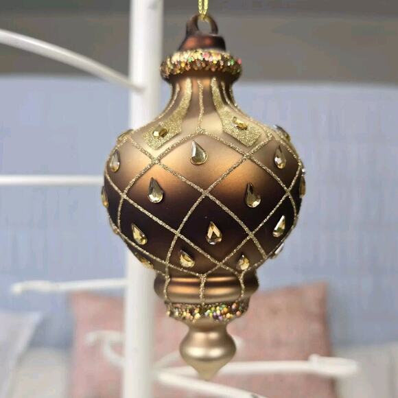 Blown Glass Finial Christmas Ornament Bronze Rhinestone Glitter - Picture 4 of 7